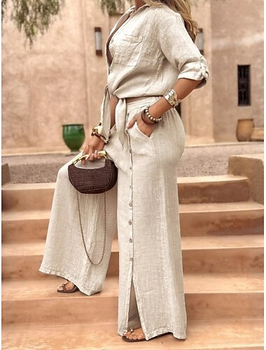  Жен. Комплекты брюк Болеро Искусственный хлопок и лен Рукав 3/4 Рубашечный воротник Полотняное плетение Мода Уличный стиль Повседневные Повседневные на открытом воздухе Белый Коричневый Зеленый Лето