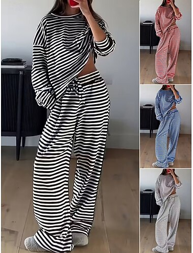 Mulheres Moletom Conjuntos de calças Manga Longa Gola Redonda Listrado Elegante Moda Roupa de rua Casual Diário Ao ar livre Azul Preto Vermelho Verão Ajuste Largo