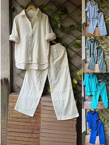 Mujer Conjuntos de pantalones Bolero Lino de algodón sintético Manga Larga Cuello Camisero Color sólido Moda Ropa de calle Casual Diario Exterior Azul Piscina Blanco Azul Océano Verano Holgado