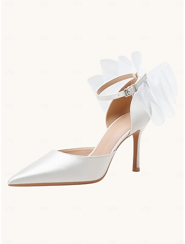  Sapatos de salto alto com laço em cetim marfim para mulheres, elegantes sapatos de noiva de bico fino para casamentos modernos na cidade.
