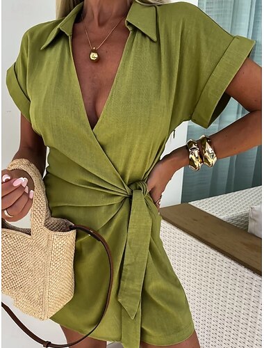  Mujer Mono Elegante Color sólido Manga Corta Pantalones cortos holgados Escote en Pico Retazos Diario Vacaciones Ajuste regular Rojo Marrón Verde Trébol Verano