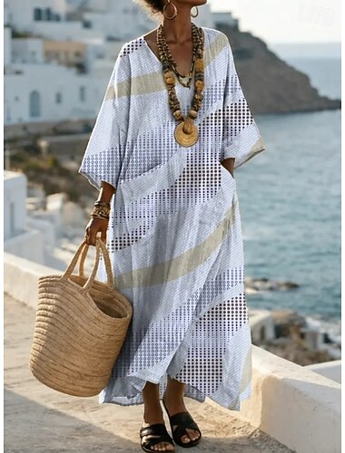  Mujer Vestido maxi Vestido de verano Vestido de una línea Vacaciones Casual Boho Playa Noche Holgado Graphic Geométrico Abstracto Manga Larga Escote en Pico Azul Piscina Arco Iris Azul-Blanco Verano