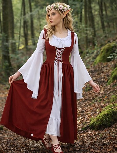  مجموعة عتيق / معتق العصور الوسطى عصر النهضة فساتين خوذة مجموعة الإكسسوارات مع الملحقات أكمام طويلة إلف جنية ملابس تنكرية نسائي خيال عيد الرعب مهرجان حفلة تنكرية معرض النهضة LARP للبالغين