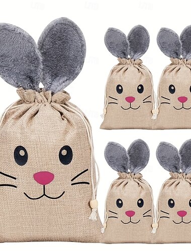  5/10 Stück Ostergeschenktüten aus Leinen mit Kordelzug, Jutesäckchen mit flauschigen Hasenohren, perfekt für Ostereier, Kekse, Pralinen, als Mitgebseltüten für Osterpartys oder für die Ostereiersuche