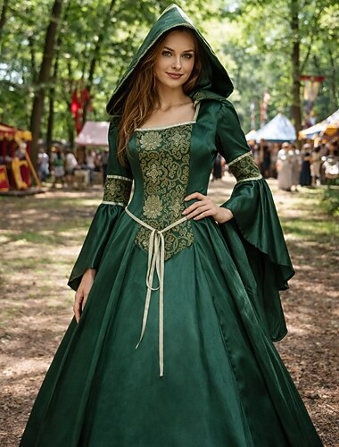  Rétro Vintage Médiéval Renaissance Maxi Robe Manches longues Sorcière Déguisement Femmes Fantaisie Halloween Carnaval Foire de la Renaissance LARP Adultes Robe Toutes saisons