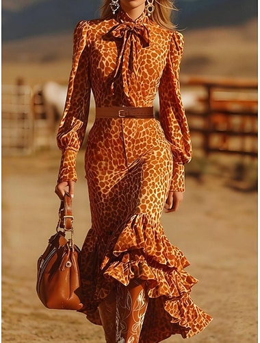  Damen Midikleid Boho-Kleid Freizeitkleid Schößchen Kleider Elegant Mode Modern Outdoor Urlaub Party Normale Passform Leopard Langarm Schnürhals Orange Frühling Herbst