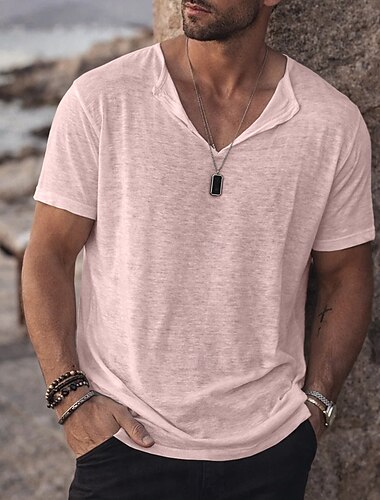  Homme T-shirt T-shirt en lin Manche Courte Manches courtes Col en V Été Uni Mode Designer Basique Flexible Occasionnel Vacances Rue Vert Claire Rose Claire Violet T-shirt haut de gamme pour homme