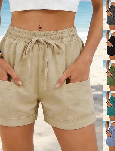  Dam Konstbomullslinne Kinesiska Shorts Semester Mode Streetwear Kort Hög midja Slät Ficka Elastiskt midjeband Bekväm Mjuk Andningsfunktion Elastisk Utomhus Semester Gata Blå Militärgrön Svart Grön