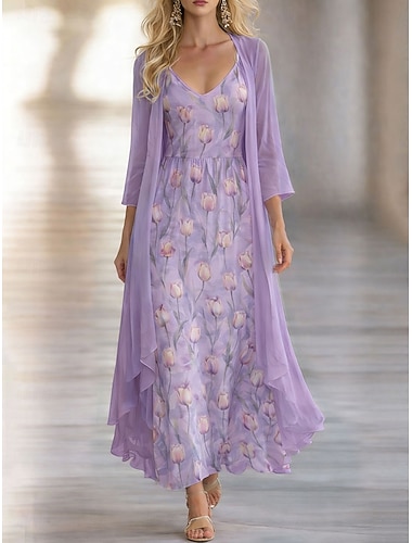  Damen Kleid-Set A Linie Kleid Elegant Urlaub Blumen Grafik Geschichtet Druck Maxikleid Dreiviertelarm V Ausschnitt Täglich Urlaub Blau Gelb Purpur Sommer Frühling Normale Passform
