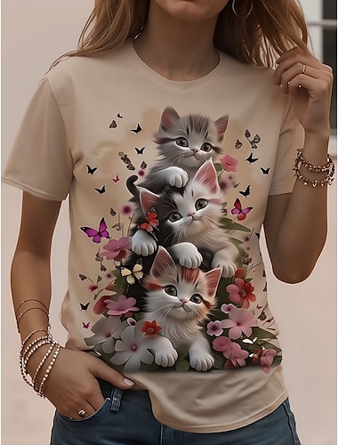  Dame T skjorte Trykt mønster Grafisk Dyr Katt Årgang Stilfull Klassisk Kortermet Crew-hals Vanlige topper Daglig Helg Abrikosrosa Rosa Kakifarget Sommer Vår Høst