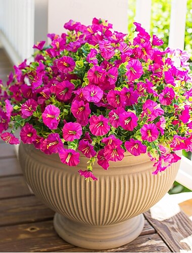  12 paquetes de flores artificiales de gloria de la mañana para exteriores, plantas falsas, decoración exterior de seda colorida con eucalipto, resistente a los rayos UV, flores artificiales realistas