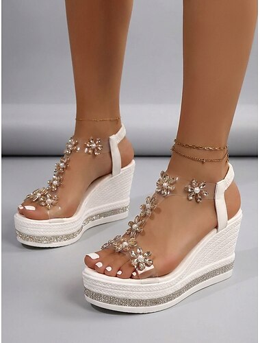  női fehér virágos ékszandál - csillogó strasszos platformcipő átlátszó pántokkal üdülőhelyi medencepartikra, trópusi nyaralásokra és nyári szabadtéri esküvőkre