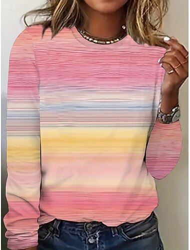  Γυναικεία Μπλουζάκι Στάμπα Γραφική Γεωμετρικό Ριγέ Βίντατζ Μοντέρνα Στυλάτο Μακρυμάνικο Στρογγυλή Ψηλή Λαιμόκοψη Κανονικά μπλουζάκια Καθημερινά Ανοικτό Μπεζ Λευκό Ανθισμένο Ροζ Φούξια Καφέ