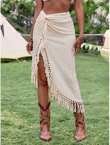  女性用 バケーションスカート ボヘミア カジュアル ミディ ハイウエスト スカート 平織り タッセル マイクロエラスティック 日常 ストリート アプリコット 夏 ポリエステル