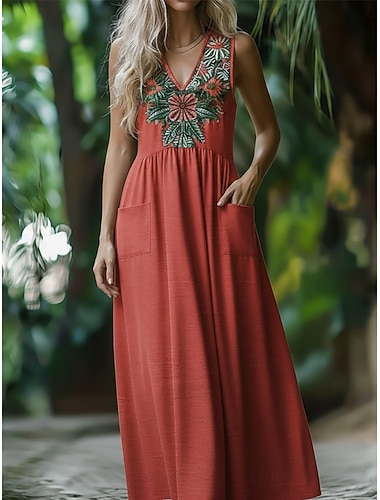  Dame Maxikjole Boho-kjole Floral kjole Årgang Mote Moderne utendørs Feriereise Ut på byen Normal Blomstret Ermeløs V-hals Rød Sommer Vår