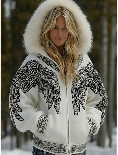  Damen Hoodies mit Reißverschluss Grafik Tiermotiv Western Ethnisch Lässig Langarm Mit Kapuze Normale Oberteile Lässig Straße Schwarz Weiß Herbst