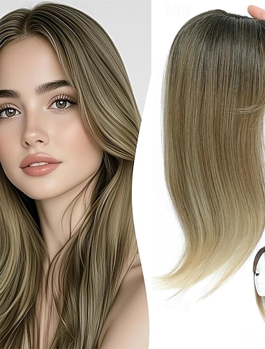  Haarteil 360 3D-Haarteile für Frauen mit dünner werdendem Haar, 45 cm lange Strähnen zum Einclipsen, fransiger oder seitlicher Pony, Ombré-Farbverlauf von Hellbraun zu Blond, 3D-Seitenpony