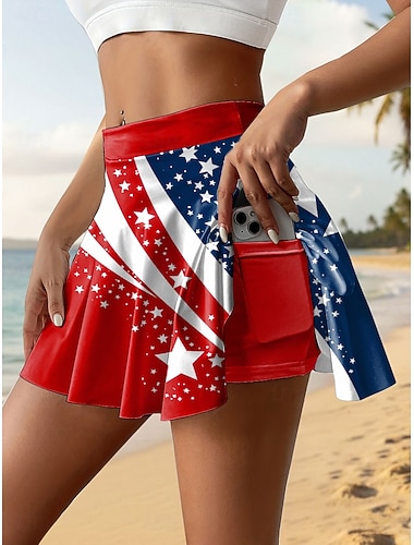  Día de la Independencia falda de tenis patriótica para mujeres moda casual mini alta de cintura gráfica elástica diaria playa azul rojo púrpura caqui verano 95% poliéster 5% spandex