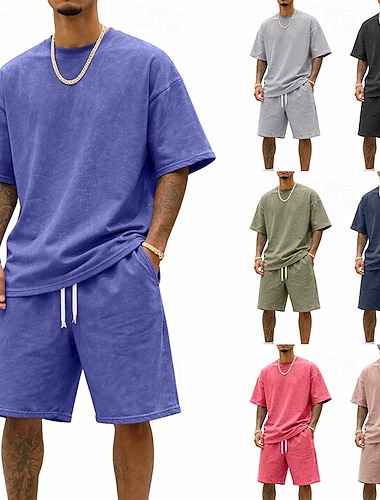  Herren T-Shirt Anzüge Trainingsanzug Shorts und T-Shirt-Set Kurzarm Rundhalsausschnitt Sommer Farbblock Gymnastik Lässig 2 teilig Betrübt Lässig Urlaub Alltagskleidung Armee-Grün Schwarz Grau Top
