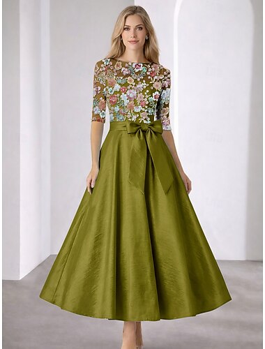 A-Linie Knöchellänge Tee-Länge Partykleid Cocktailkleid Kleid für Hochzeitsgäste Cocktailkleider Elegant Glitzernd Dreiviertelarm U-Boot-Ausschnitt Gartenparty Formell Tasche Taft Paillettenbesetzt