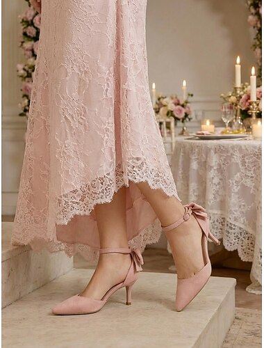  Women's Pink Suede D'Orsay Pumps - Elegant Pointed Toe Kitten Heels with Back Bow & Ankle Strap for City Weddings, Bridesmaids & Formal Garden Parties
