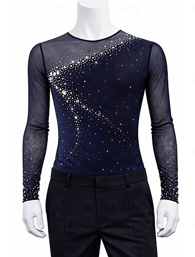  Kunstschaatstopje Voor heren Schaatsen Tops Donker Marineblauw Lapwerk Rekbaar Opleiding Wedstrijd Kunstschaatskleding Klassiek Kristal / Bergkristal Lange mouw Schaatsen Kunstschaatsen