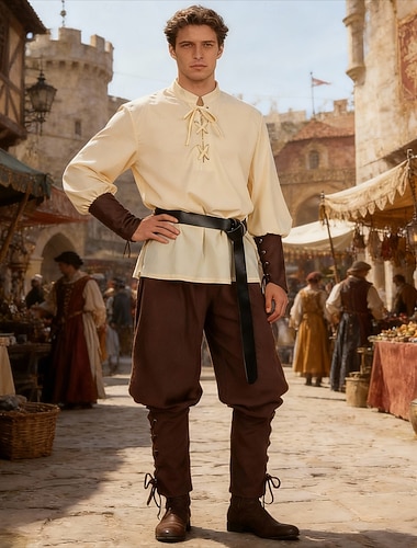  Médiéval Renaissance Costume élégant Manches longues Pirate Viking Déguisement Homme Viking Pirate Halloween Carnaval Performance LARP Foire de la Renaissance Adulte Chemise Pantalon Ceinture