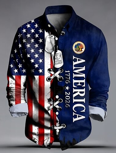  Herren 250. Jahrestag des Unabhängigkeitstages der USA am 4. Juli Freiheitsstatue US Flagge Hemd Knopfhemd Langarm Patriotisch Ferien Alltagstauglich Frühling Herbst Umlegekragen 3D-Druck