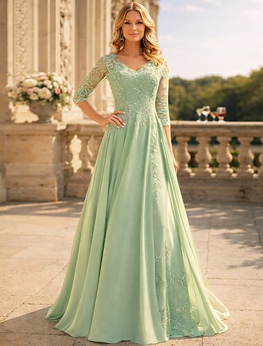  A-linje Gulvlang Gæstekjole til bryllup Formel kjole Aftenkjole Kjole til brudens mor 3/4-ærmer V-hals Elegant Bryllupsgæst Bryllupsfest Chiffon med Perlearbejde Applikeret broderi