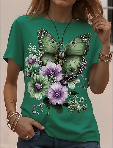  Dame T skjorte Trykt mønster Grafisk Dyr Årgang Stilfull Klassisk Kortermet Crew-hals Rund hals Vanlige topper Daglig Helg Svart og Hvit Rød Grønn Sommer Vår Høst