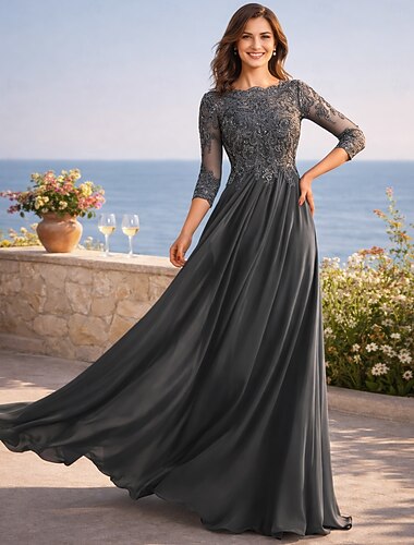  A-Lijn Lange Jurk voor Bruiloftsgasten Formele Jurken Avondjurk Moeder van de Bruid Jurk 3/4 Mouw Colatge Hals Elegante Formele Bruiloftsgast met Plooien Effen Kleur