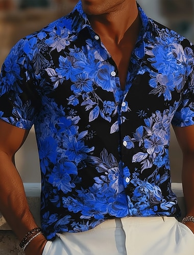  Herren Blumendruck Tropische Blumen Neonleuchten Sommer Hawaiihemd Knopfhemd Alohahemd Kurzarm Hawaiianisch Urlaub Strandbekleidung Sommer Frühling Umlegekragen 3D-Druck Hemden mit Kragen Blau Rosa