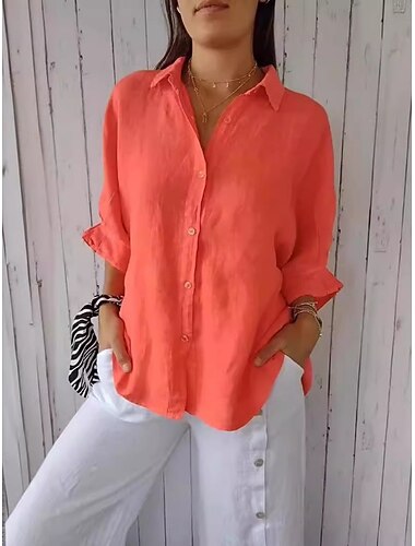  Damen Hemden in Leinenoptik Bluse Knöpfe Einfarbig Täglich Basic Lässig Langarm Hemdkragen Normale Oberteile Täglich Blau Schwarz Weiß Rosa Orange Sommer Frühling Herbst