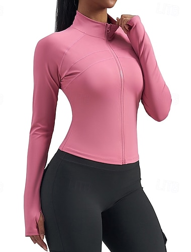  Mulheres Cor Sólida Jaqueta de Corrida Jaqueta Outdoor Jaqueta esportiva Verão Primavera Outono Zip Completo Delgado Manga Longa Secagem Rápida Leve Elástico Respirável Academia Corrida Exercício