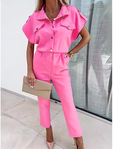  Mujer Normal Mono Activo Color sólido Manga Corta Cuello Camisero Botones Diario Vacaciones Ajuste regular Negro Fucsia Naranja Verano