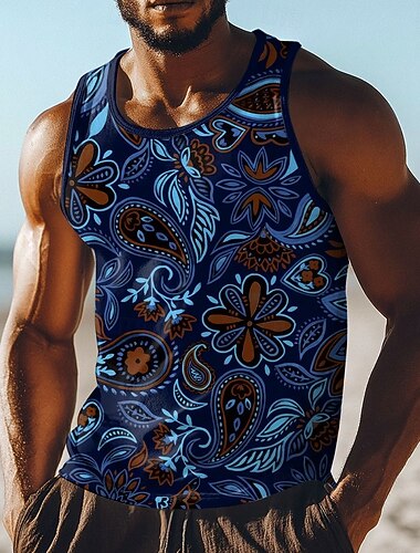  Débardeur homme, col rond, imprimé cachemire intégral bleu marine, style ethnique floral, bohème, idéal pour la plage, les vacances, la mode urbaine et le sport. Tailles S à XXXL.