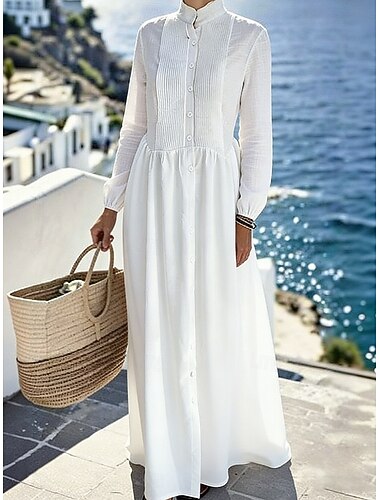  Damen Maxikleid Weißes Kleid Elegant Mode Modern Outdoor Urlaub Ausgehen Normale Passform Einfach Langarm Hoher Ausschnitt Weiß Sommer Frühling