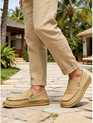  Beige espadriller i slip-ons for menn, komfortabel, pustende overdel, jutesåle for utendørs bruk på feriesteder, strand og fritidsaktiviteter