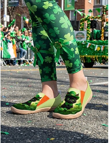  Dames St. Patrick's Day zwarte katten- en klaverprint slip-on sneakers – ademende, lichtgewicht en comfortabele schoenen voor Ierse parades, festivals en straatfeesten. &casual dagelijkse kleding