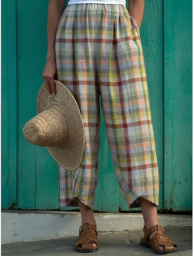  Damen Chinos Urlaub Vintage Streetwear Volle Länge Hohe Taille Grafik Karomuster Tasche Elastischer Bund Drucken Komfort Weich Bequem Mikroelastisch Täglich Outdoor Urlaub Gelb Sommer Frühling Herbst