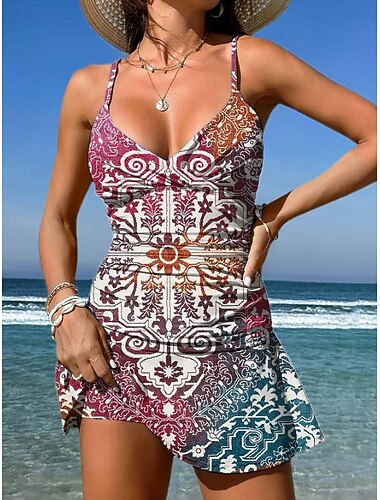  Dames Zwemkleding Een stukje Rok Zwempak Elegant Vakantie Grafisch Geometrisch V-hals Mouwloos Badpakken