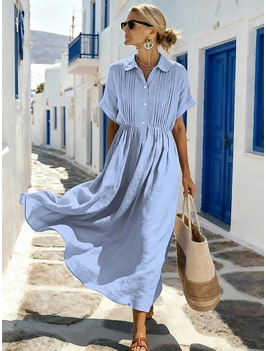  Dam Midiklänning Sommarklänning Semester Ledigt Boho Dagligen Strand Helgdag Lös passning Slät Kortärmad Kavajslag Blå Vit Gul Rodnande Rosa Sommar