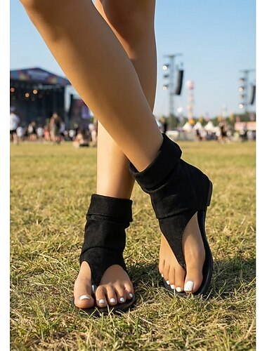  Damessandalen met zwarte suède teenbandjes - boho platte sandalen met enkelbandje voor muziekfestivals en zomerconcerten &openluchtwoestijnraves