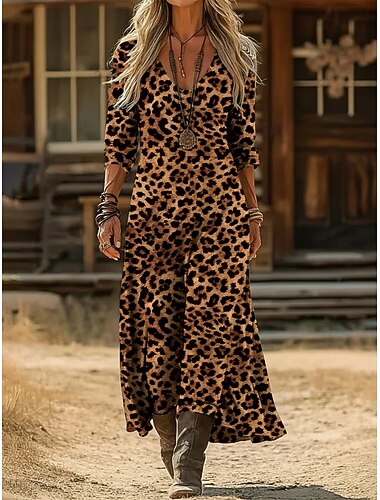 Dames Maxi-jurk Vintage Jurk Casual jurk Vintage Dagelijks Buiten Vakantie Normale pasvorm Luipaard Lange mouw V-hals Bruin Lente Herfst