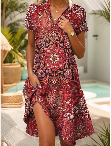  Damen Knielanges Kleid Boho-Kleid Hemdblusenkleid Freizeitkleid Blumenkleid Elegant Mode Modern Outdoor Urlaub Ausgehen Normale Passform Blumen Kurzarm V Ausschnitt Blau Rote Grün Leicht Blau Sommer