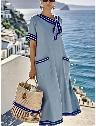  Dam Midiklänning Maxiklänning Sommarklänning Semester Ledigt Boho Dagligen Helgdag Datum Lös passning Slät Kortärmad Skorstenskrage V-hals Blå Vit Sommar Vår