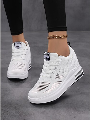  Women's White Breathable Flyknit Platform Sneakers - Lightweight Cushioned Walking Shoes, Modern Casual Fashion Trainers for Running, Travel, Work, Gym, Shopping & Daily Wear