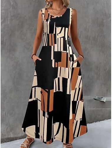  Per donna Abito Midi Vestito Casual Abito a trapezio Vestito Canotta Elegante Moda Moderno All'aperto Vacanza Uscire Vestibilità regolare Geometrico Astratto Senza Maniche Girocollo Blu Arancione