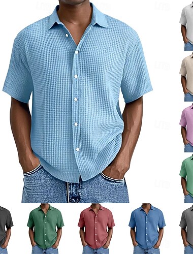  Herren Hemd Waffelhemd Sommerhemd Freizeithemd Strandhemd Knopfhemd Schwarz Weiß Hellgrün Rosa Rote Kurzarm Einfach Revers Urlaub Hawaiianisch Bekleidung Polyester Mode Lässig Bequem