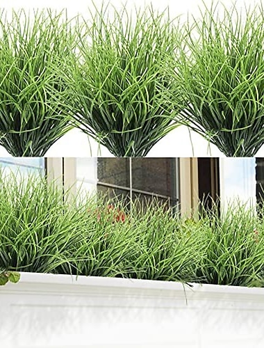  24 mazzi di piante di erba artificiale per esterni, erba di grano finta, resistente ai raggi UV, arbusti finti, cespugli, erba di cipolla verde, verde artificiale, steli alti per interni, esterni,